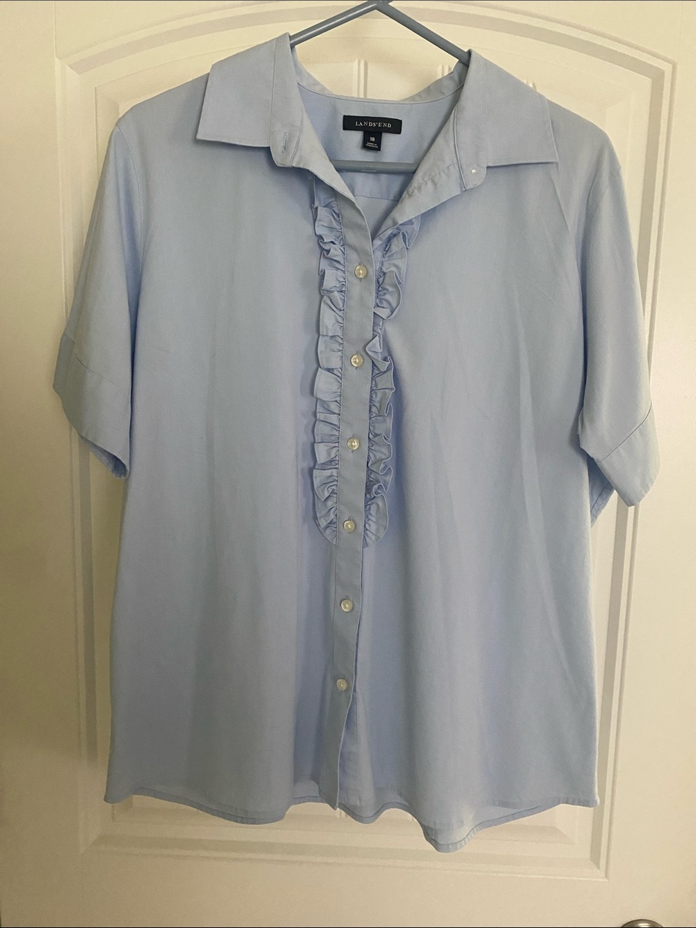 Land's End Pale Blue Ruffle-Trim Button Down Blouse